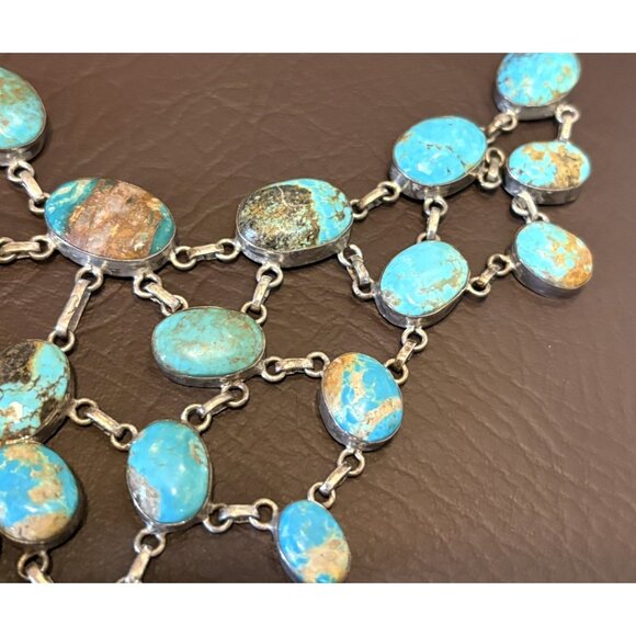 Vintage Sterling Silver Southwest Kingman? Turquoise Bib Statement Necklace 118g - Picture 8 of 14
